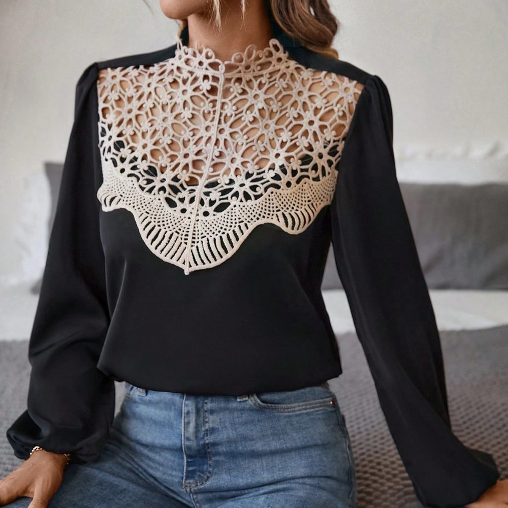 Black Preppy Womens Guipure Lace Insert Lantern Sleeve Blouse - Picture 3 of 5